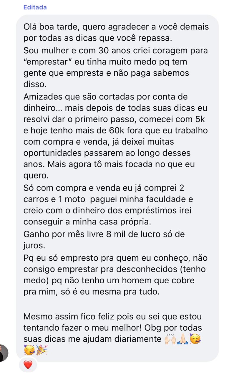 Print de mensagem em que uma pessoa relata evolução após aplicar dicas e menciona lucro mensal de juros.